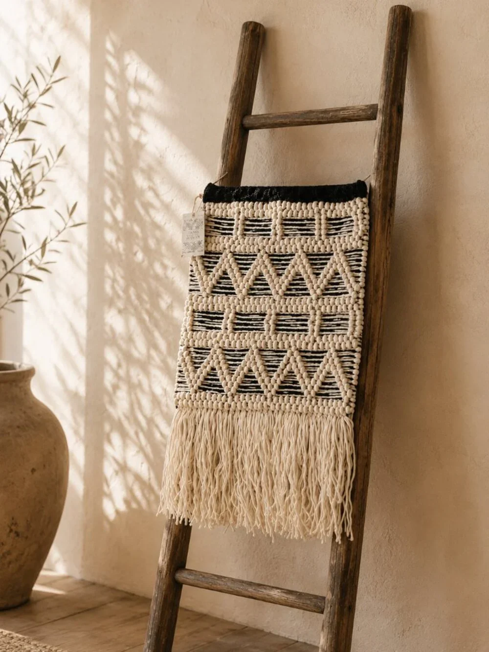 Woven Textured Black & Cream Macrame Geometric Pattern Bohemian Wall Tapestry